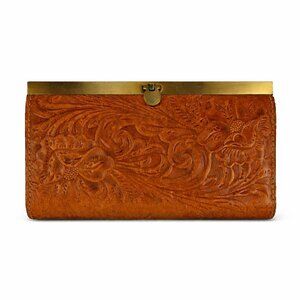 Patricia Nash Tooled Leather Wallet Floral Frame Clasp Brown Like New